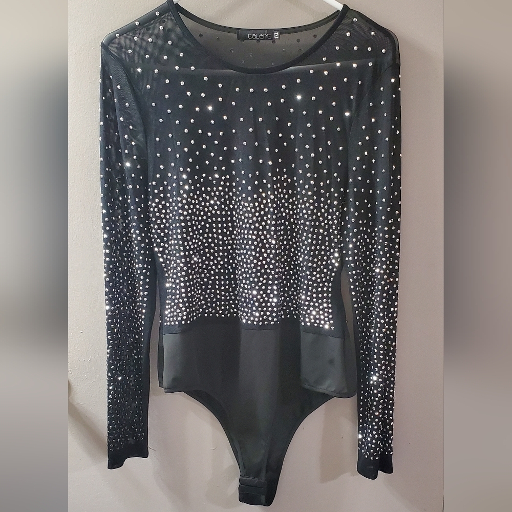 Black Long Sleeve Sheer Mesh See Through Bodysuit with Silver Rhinestones. Sz 1X